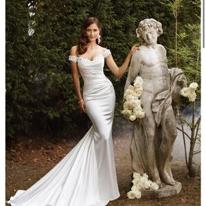 Sophia Tolli Off-Shoulder Satin Mermaid Wedding Dress in White